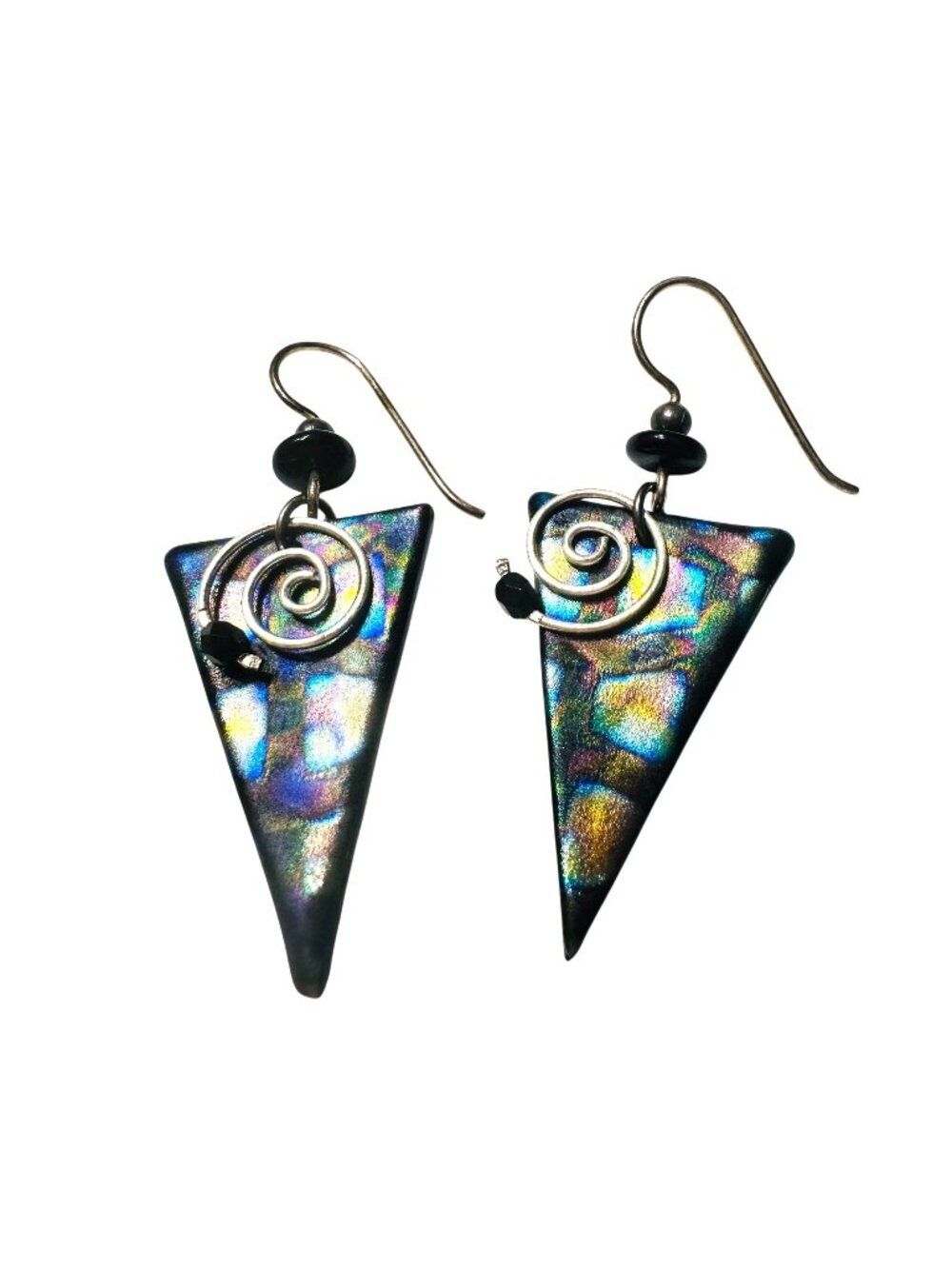 Handcrafted Iridescent Glass Triangle Earrings With Swirl Accent & Black Beads